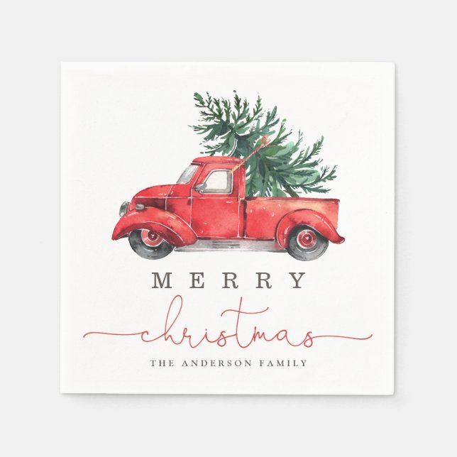 Serviette En Papier Joyeux Noël / Aquarelle Camion rouge & Pine Tree (Devant)