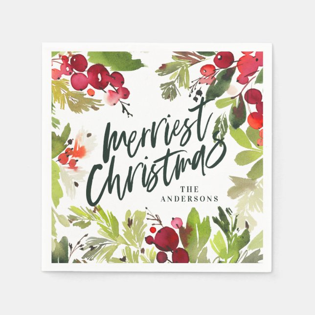 Serviette En Papier Joyeux Noël aquarelle florale vacances (Devant)