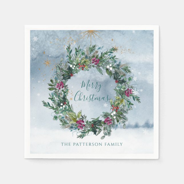 Serviette En Papier Joyeux Noël Aquarelle Holly Parties scintillant St (Devant)