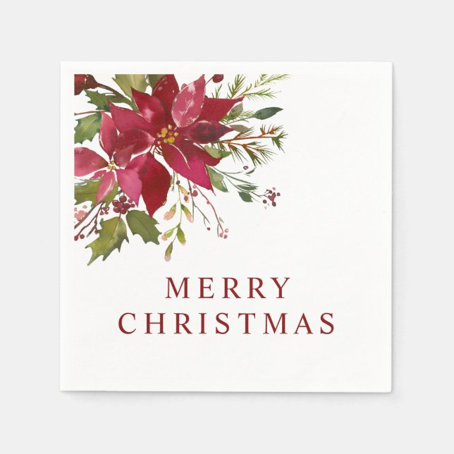 Serviette En Papier Joyeux Noël Aquarelle Rouge Poinsettias (Devant)