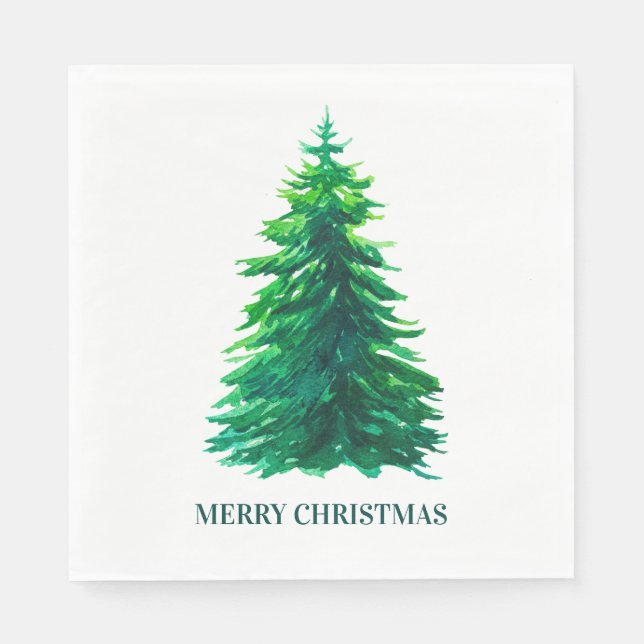 Serviette En Papier Joyeux Noël. Aquarelle vert arbre d'hiver (Devant)