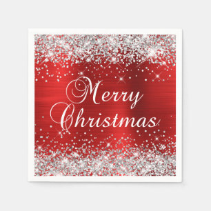 Serviette En Papier Joyeux Noël argent et rouge scintillant
