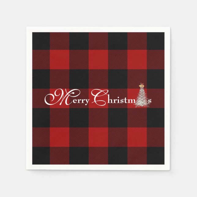 Serviette En Papier Joyeux Noël avec arbre sur buffle plaid (Devant)