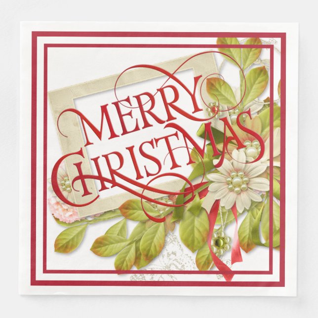 Serviette En Papier Joyeux Noël avec fleurs vertes Jouer l'oreiller (Devant)