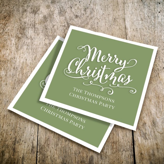 Serviette En Papier Joyeux Noël Calligraphie Script Simple Vert (Merry Christmas holiday green napkins. Editable background. )