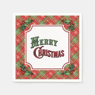Serviette En Papier Joyeux Noël Carreaux Rouges avec Holly