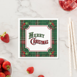 Serviette En Papier Joyeux Noël Carreaux Verts avec Holly