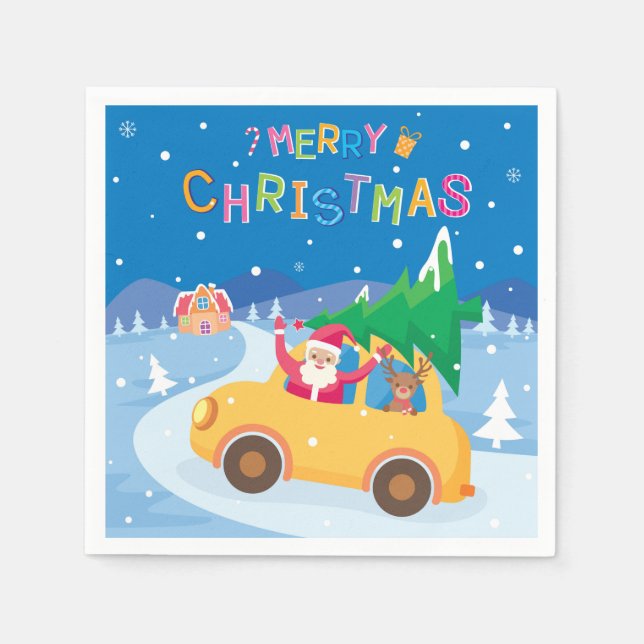 Serviette En Papier Joyeux Noël Cartoon Père Noël Reindeer Car (Devant)