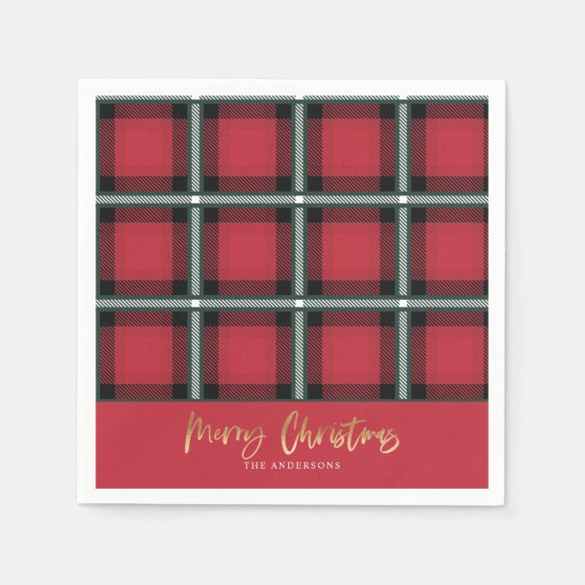 Serviette En Papier Joyeux Noël de l'écriture or tartan rouge (Devant)