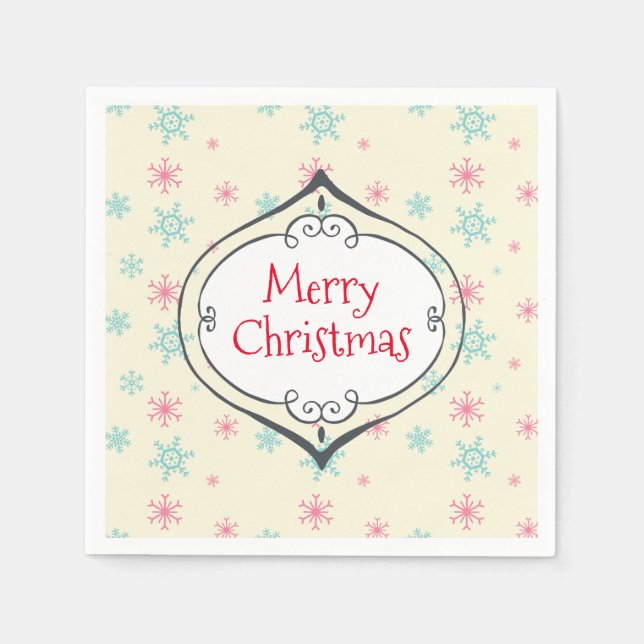 Serviette En Papier Joyeux Noël Décoration Pink & Blue Snowflakes (Devant)