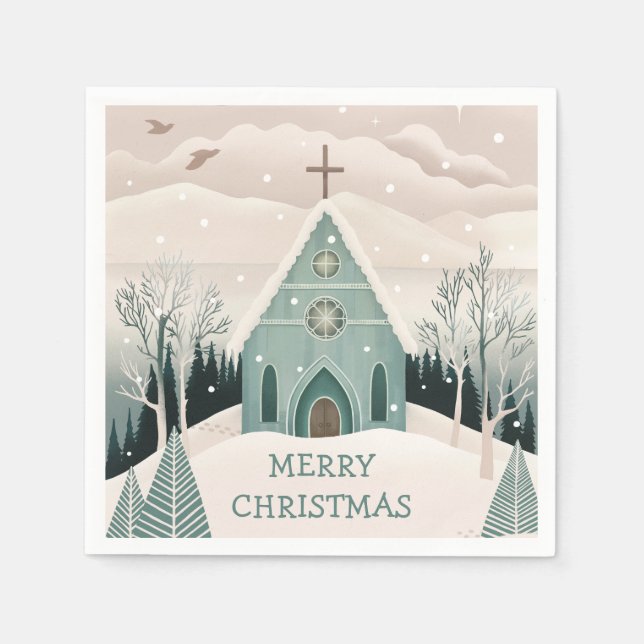Serviette En Papier Joyeux Noël | Église religieuse des Fêtes d'hiver (Devant)