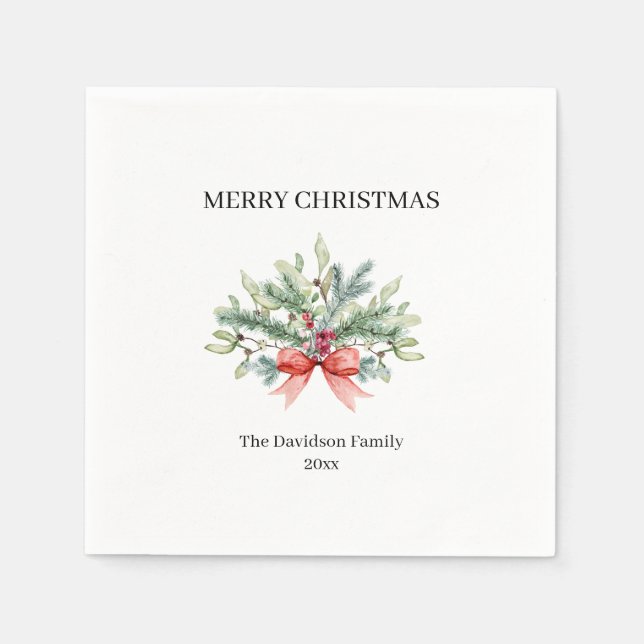 Serviette En Papier Joyeux Noël Famille Aquarelle Verdure (Devant)