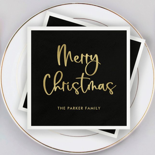 Serviette En Papier Joyeux Noël | Faux Gold Décontracté Script sur noi (Elegant Christmas napkins with faux gold script on black)