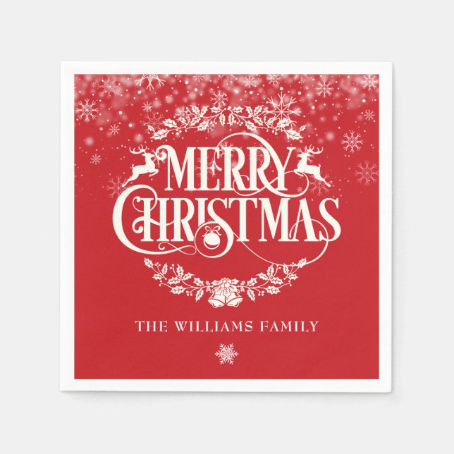 Serviette En Papier Joyeux Noël Flocons de neige Nom de famille (Devant)