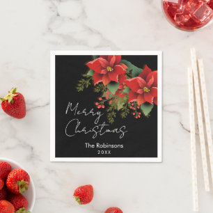 Serviette En Papier Joyeux Noël Floral Poinsettia Noir