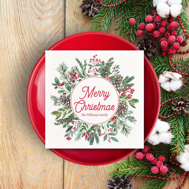 Serviette En Papier joyeux noël hiver verdure rouge script chic (Créateur téléchargé)