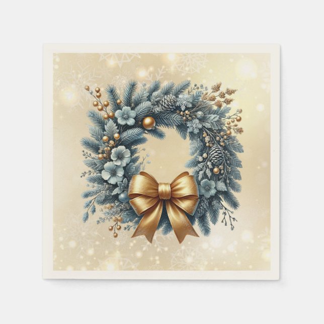 Serviette En Papier Joyeux Noël Joyeux Nouvel An Blue Gold Wreath (Devant)