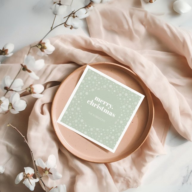 Serviette En Papier Joyeux Noël moderne Sage Green Flocon de neige (Christmas holiday snowflake pattern napkin)