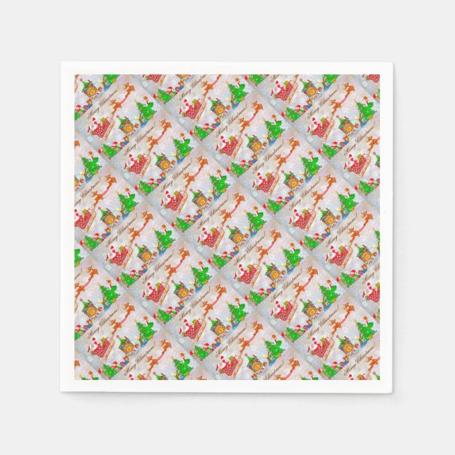 Serviette En Papier Joyeux Noël Père Noël livre des cadeaux (Devant)