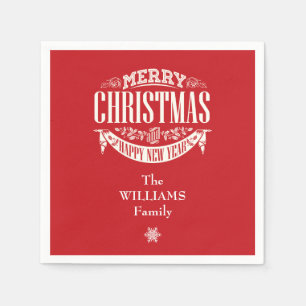 Serviette En Papier Joyeux Noël personnalisé Famille rouge NAme