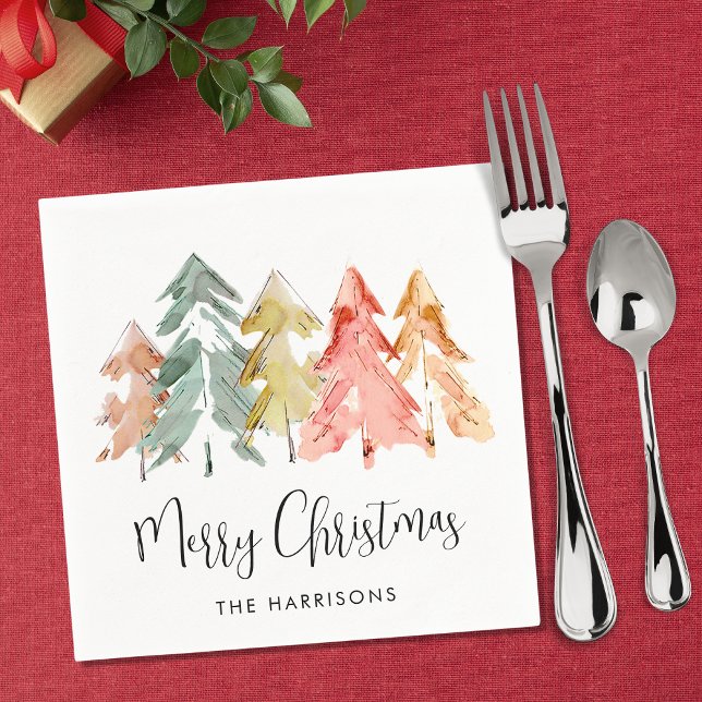 Serviette En Papier Joyeux Noël Pine Arbres Aquarelle Vacances (Créateur téléchargé)