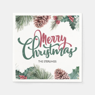Serviette En Papier Joyeux Noël Pine Cône Floral Bordure Red Holly