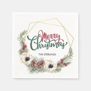 Serviette En Papier Joyeux Noël Pine Cone Holly Gold Frame