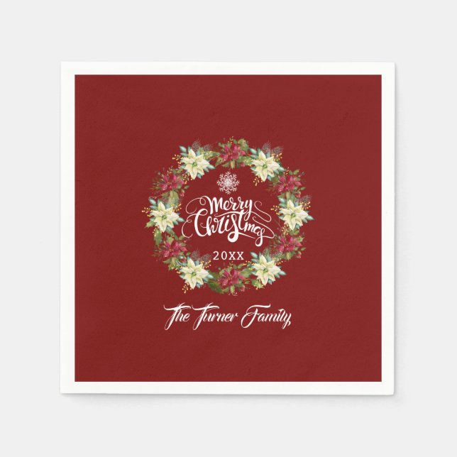 Serviette En Papier Joyeux Noël Poinsettia Wreath Monogramme (Devant)