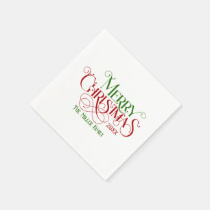 Serviette En Papier Joyeux Noël Red Green Festive Retro Typographie