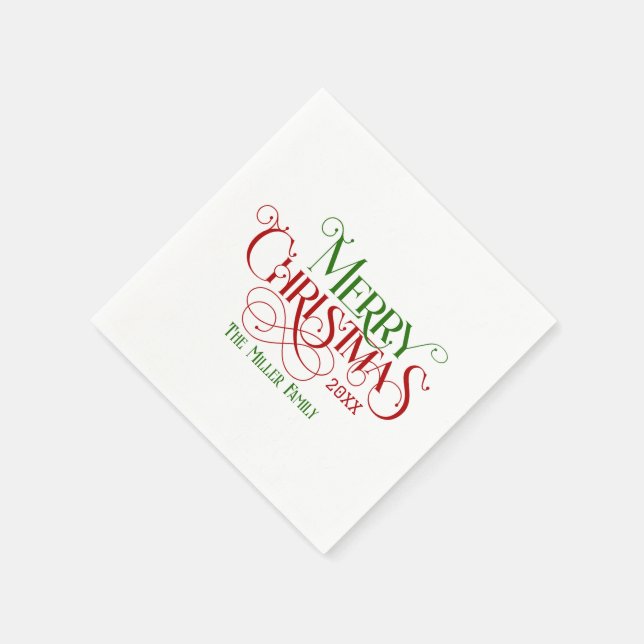 Serviette En Papier Joyeux Noël Red Green Festive Retro Typographie (Coin)