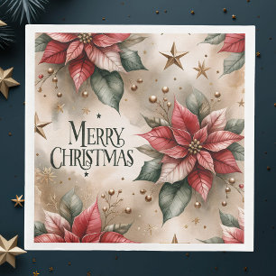 Serviette En Papier Joyeux Noël, Rouge et Or Poinsettia