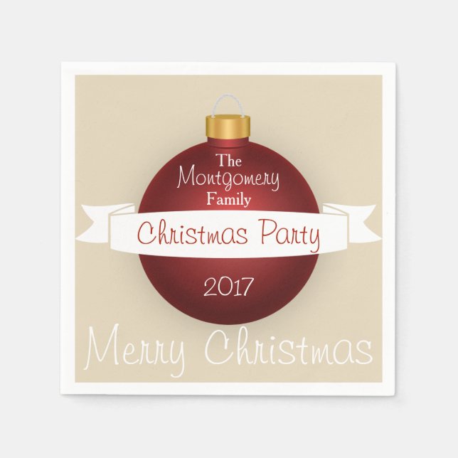 Serviette En Papier Joyeux Noël Rouge Ornement Ruban Nom de famille (Devant)