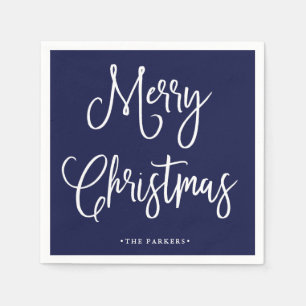 Serviette En Papier Joyeux Noël   Script manuscrit sur Navy Blue