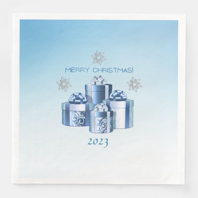 Serviette En Papier Joyeux Noël Silver & Blue Presents & Snowflake (Devant)