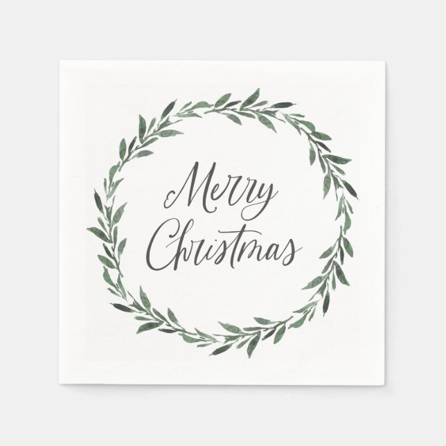Serviette En Papier Joyeux Noël Simple Rustique Aquarelle Verdure (Devant)
