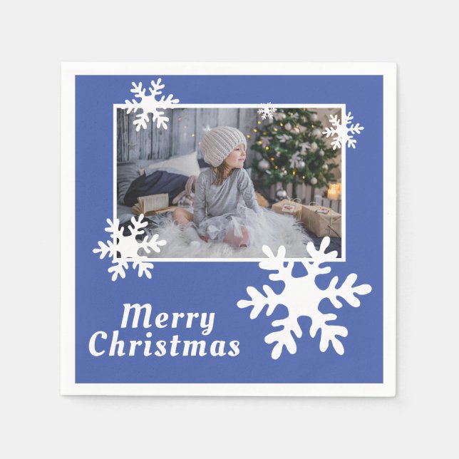 Serviette En Papier Joyeux Noël Snowflakes Blue Family Photo (Devant)