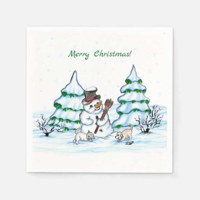 Serviette En Papier Joyeux Noël ! Snowman avec chat et chiot (Devant)