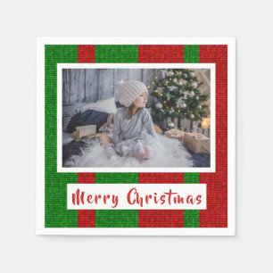 Serviette En Papier Joyeux Noël sur Tricot Rouge et Vert Photo