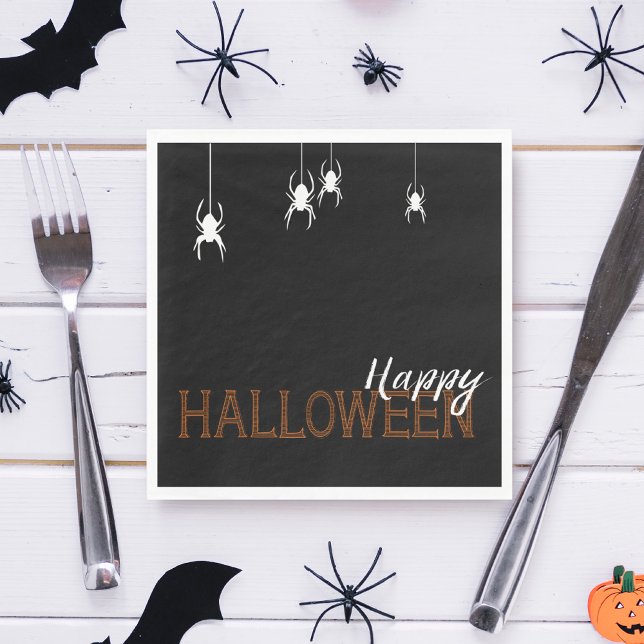Serviette En Papier Joyeux Orange Halloween Ariders | Partie (These napkins with spiders dropping in are the perfect addition to your spooky Halloween party.)
