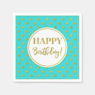Serviette En Papier Joyeux Points d'or blanc turquoise d'anniversaire