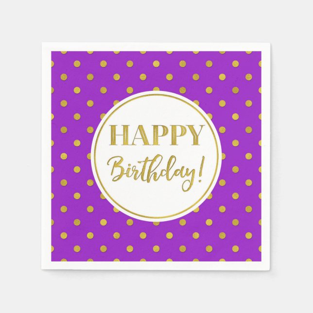 Serviette En Papier Joyeux Points d'or blanc violet d'anniversaire (Devant)