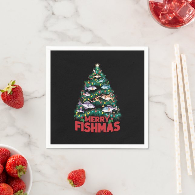 Serviette En Papier Joyeux Poissons de Noël Lumières Poissons Pêche (En situation)