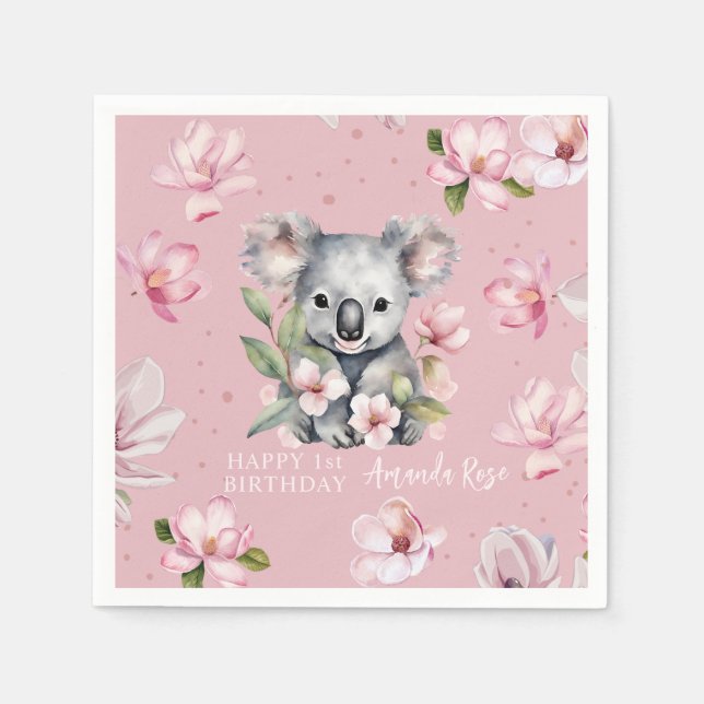 Serviette En Papier Joyeux premier anniversaire aquarelle Koala (Devant)