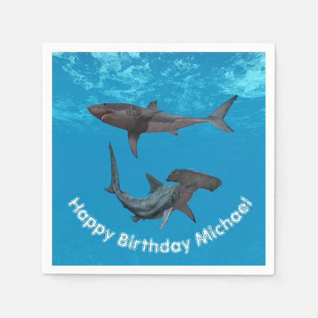 Serviette En Papier Joyeux requin d'anniversaire Grand marteau blanc (Devant)