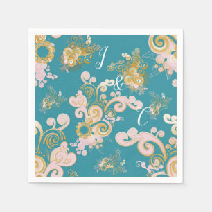 Serviette En Papier Joyeux rose Abstrait, bleu ciel - Fleurs roses