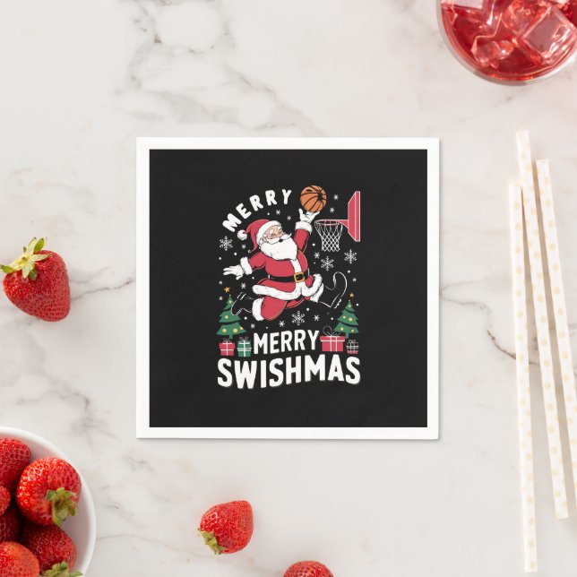 Serviette En Papier Joyeux Swishmas Noël Père Noël Jouer Basketball (En situation)