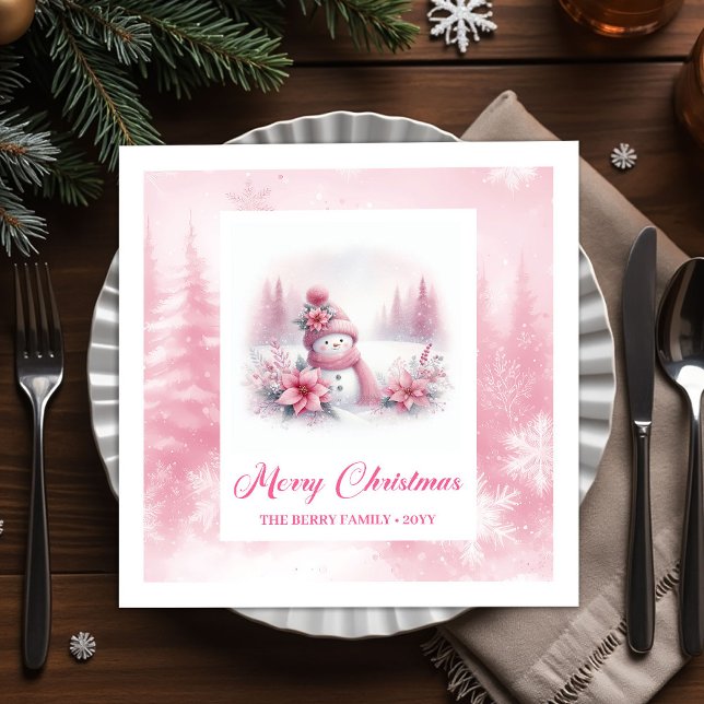 Serviette En Papier Joyful Pink Snowman Kids Christmas Scene Winter  (Joyful Pink Snowman Kids Christmas Scene Winter Forest Napkins

)