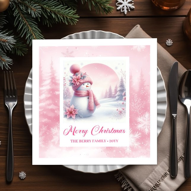 Serviette En Papier Joyful Pink Snowman Winter Forest Christmas Napkin (Joyful Pink Snowman Winter Forest Christmas Napkins Kids)