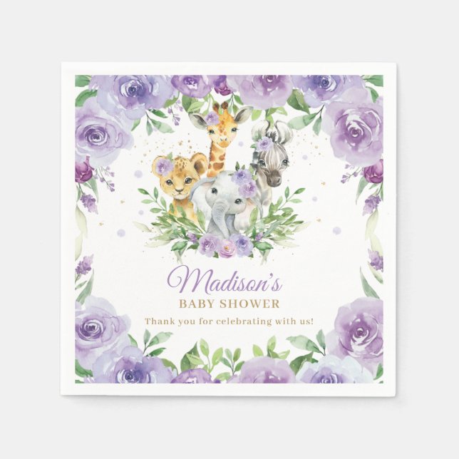 Serviette En Papier Jungle Animal Safari Purple Floral Baby shower (Devant)
