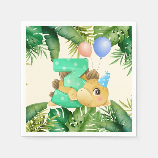 Serviette En Papier Jungle Feuille mignonne Dinosaur 3ème fête d'anniv (Devant)